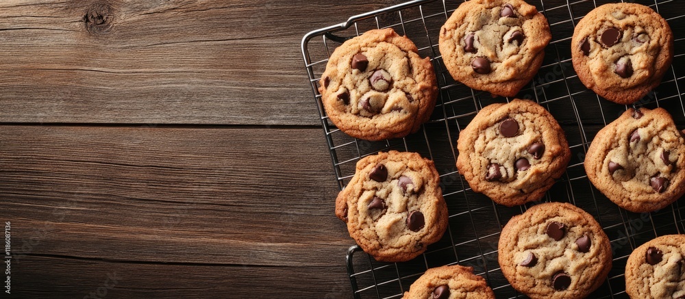 Fototapete vertical top view of chocolate chip cookies on a wire rack with selective focus on a wooden table fe
