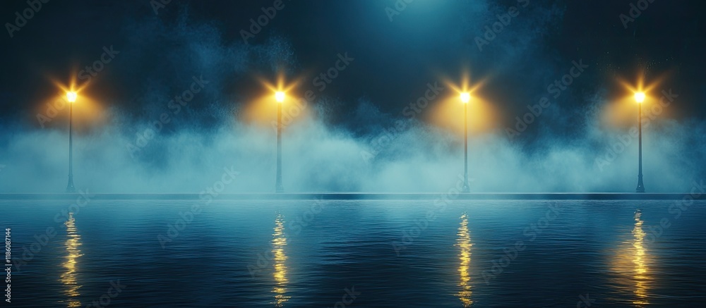 Aufkleber Empty street scene background featuring abstract spotlights Night view of streetlights reflected on water Rays penetrate the fog Smoke and fog create a wet asphalt surface with light reflections