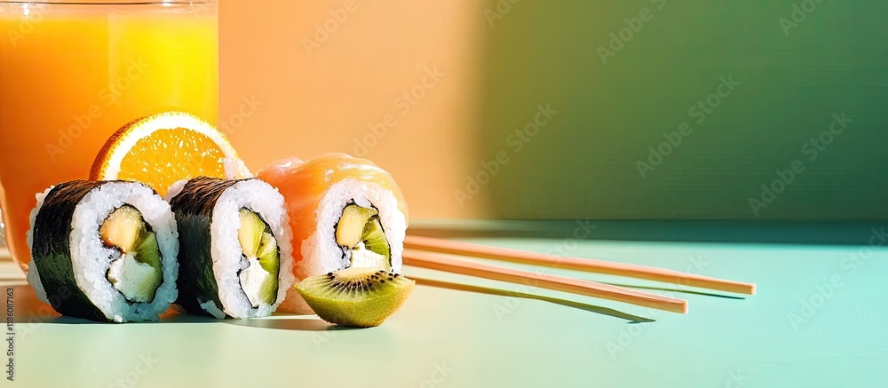 Poster sushi rolls with chopsticks and orange juice with kiwi copyspace