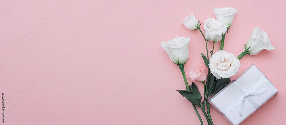 Poster White eustoma and gift boxes set against a pink background Minimalist wedding invitation featuring eustoma. with copy space image. Place for adding text or design