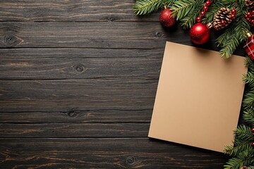 Obraz premium Blank card mockup on dark wooden planks with Christmas decorations, including pine branches, red ornaments, and pinecones. Holiday design concept. Ai generative