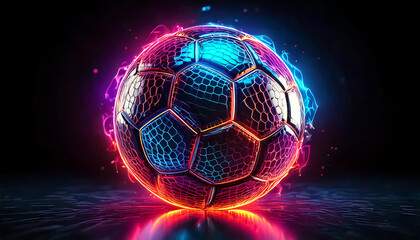 Naklejka premium colorful glowing neon soccer ball football dark background