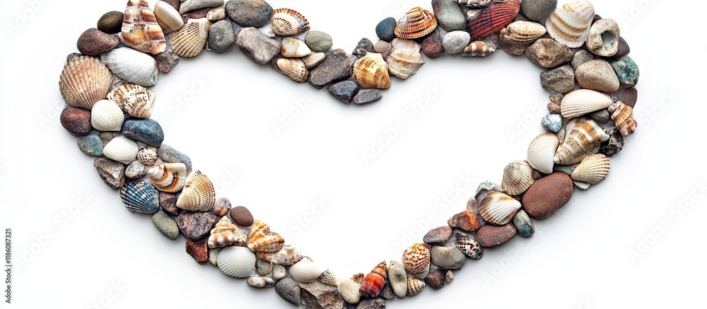 Poster Heart shaped frame made of stones and seashells isolated on white. with copy space image. Place for adding text or design