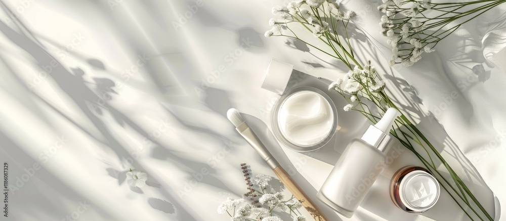 Poster Beauty products including a brush and moisturizer. with copy space image. Place for adding text or design
