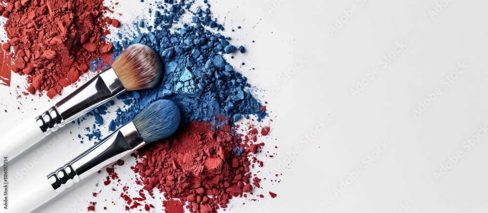 Poster red and blue moroccan clay powder for cosmetics spa arrangement with a brush on a white background. 