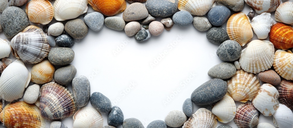 Aufkleber Heart shaped frame made of stones and seashells isolated on white. with copy space image. Place for adding text or design