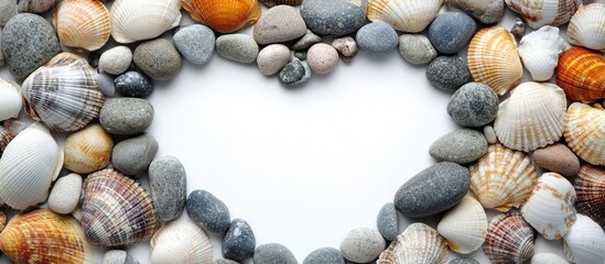 Obraz premium Heart shaped frame made of stones and seashells isolated on white. with copy space image. Place for adding text or design