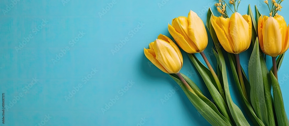 Aufkleber A bunch of lovely yellow tulips alongside vibrant elements Top view. with copy space image. Place for adding text or design