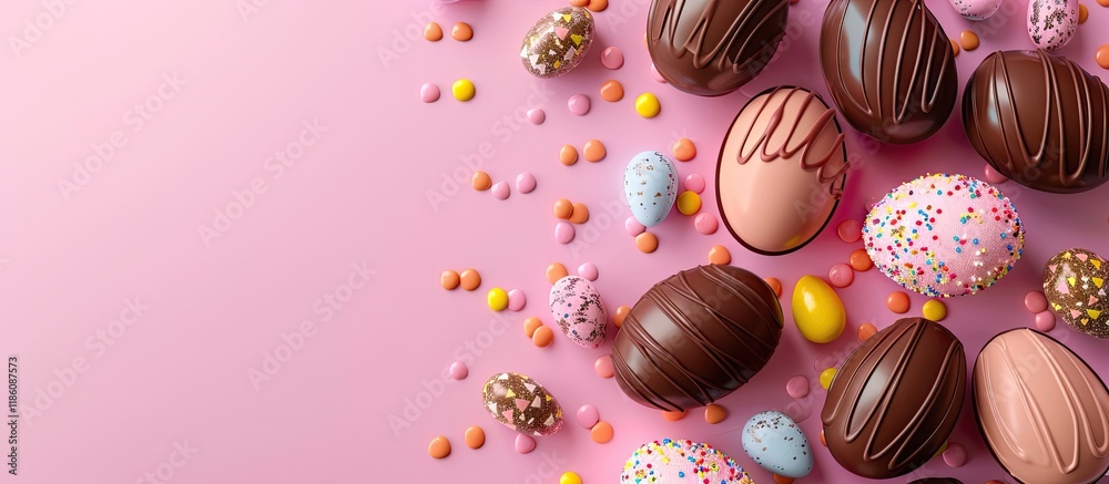 Aufkleber chocolate easter eggs and decorations arranged flat for a kids easter egg hunt concept on a pink bac
