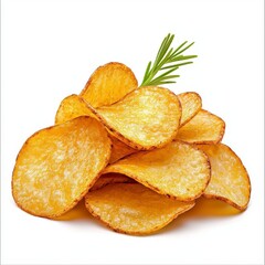 A photostock of bright yellow potato chips scattered on a clean white background, crisp and delicious, High Quality