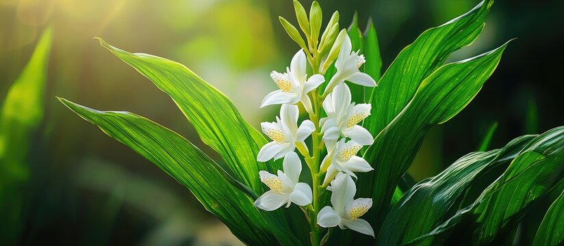 Coronarious Gingerlily Hedychium coronarium is recognized for its white petals and butterfly like shape flowering amid lush green leaves with a powerful scent It flourishes in humid settings and