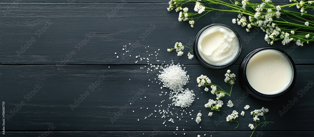 Poster cosmetic cream soap and bath salts featuring yarrow herbal flowers on a black wooden table. with cop
