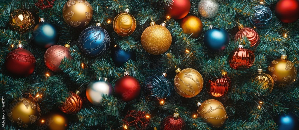 Leinwandbilder Close up of a decorated Christmas tree featuring colorful ornaments. with copy space image. Place for adding text or design