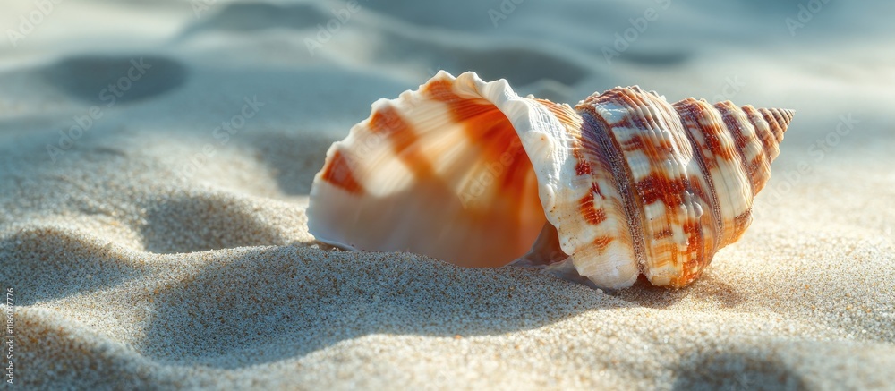 Poster Seashell on the sand. with copy space image. Place for adding text or design