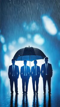 Five businesspeople standing under an umbrella against a blue background highlighting Employee Provident Fund, EPF account protection, employee savings, and benefits