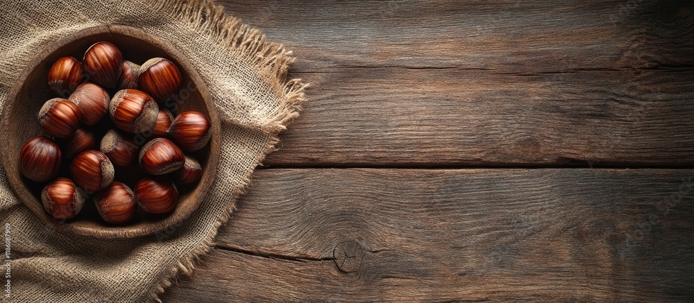 Fototapete fresh chestnuts on a vintage wooden table with a sack cloth napkin. with copy space image. place for