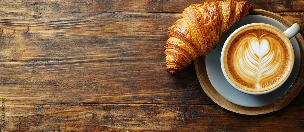Poster cappuccino and a fresh croissant on a wooden table top view with copyspace