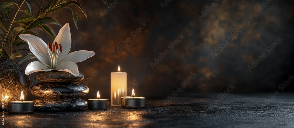 Poster a beautiful arrangement featuring a white lily lit candles and a stack of stones in gold and black h