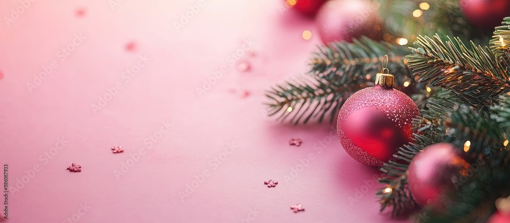 Leinwandbilder Christmas tree ornaments on a pink backdrop with space for your text. with copy space image. Place for adding text or design