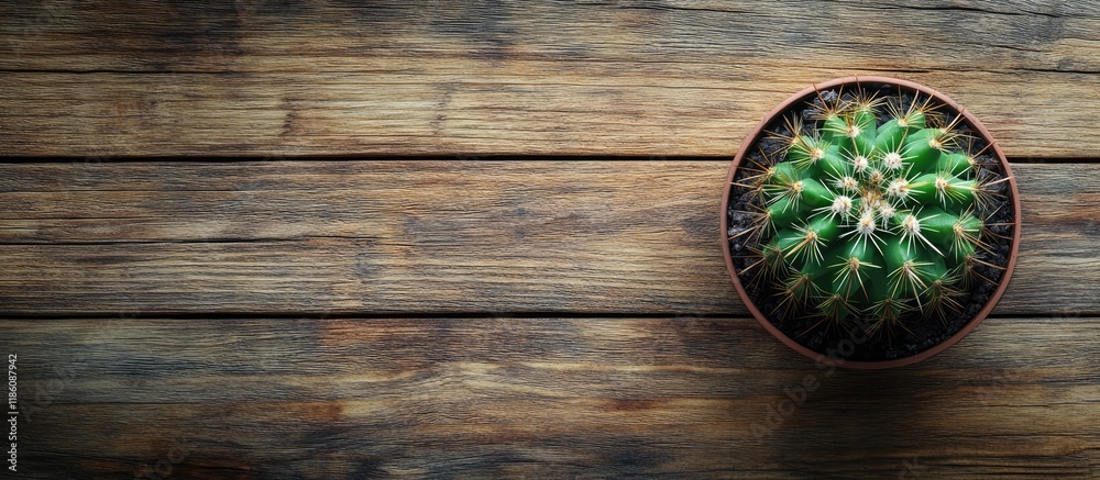 Poster green cactus on a wooden background from above with copy space