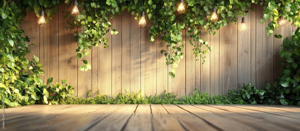 Poster summer backdrop with a wooden terrace featuring climbing plants and solar powered light bulbs. with 