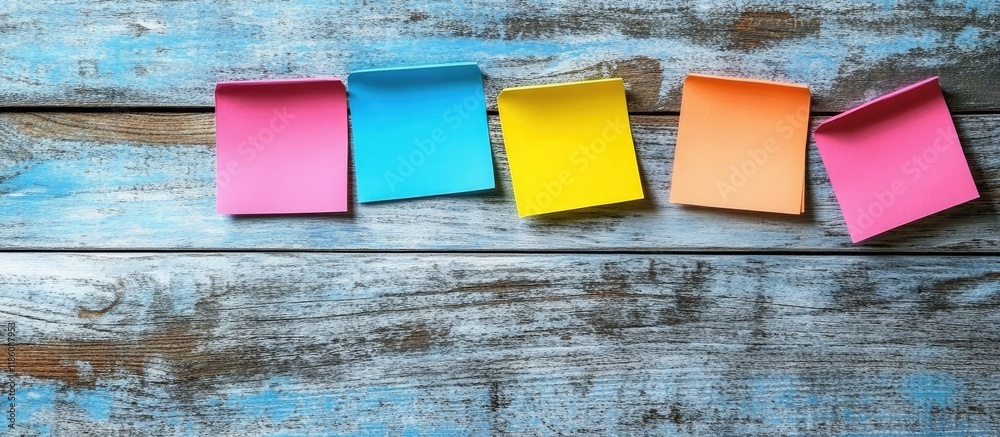 Poster Vibrant sticky notes on a wooden board. with copy space image. Place for adding text or design