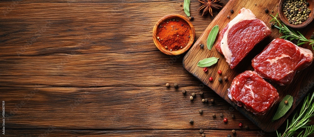 Aufkleber Board featuring delicious raw meat and spices on a wooden surface. with copy space image. Place for adding text or design