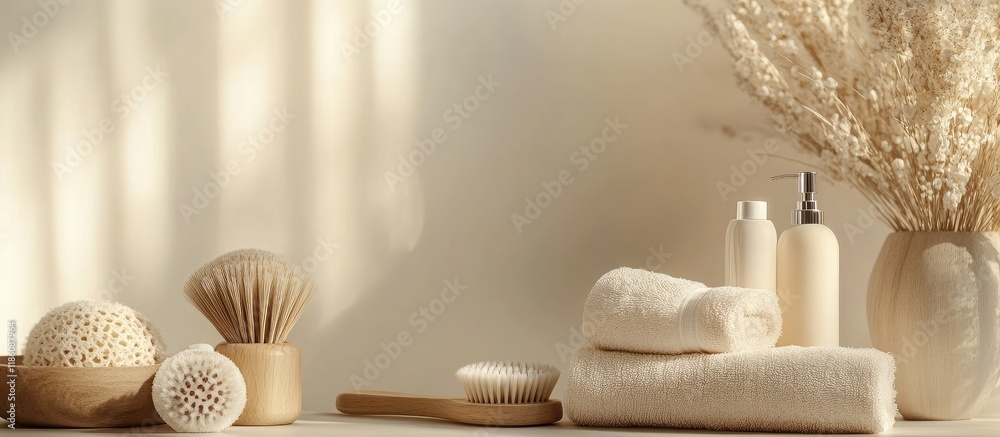 Poster arrangement of massage brushes and bath products on a light background. with copy space image. place
