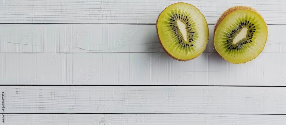 Leinwandbilder two halves of kiwifruit on a white wooden surface. with copy space image. place for adding text or d