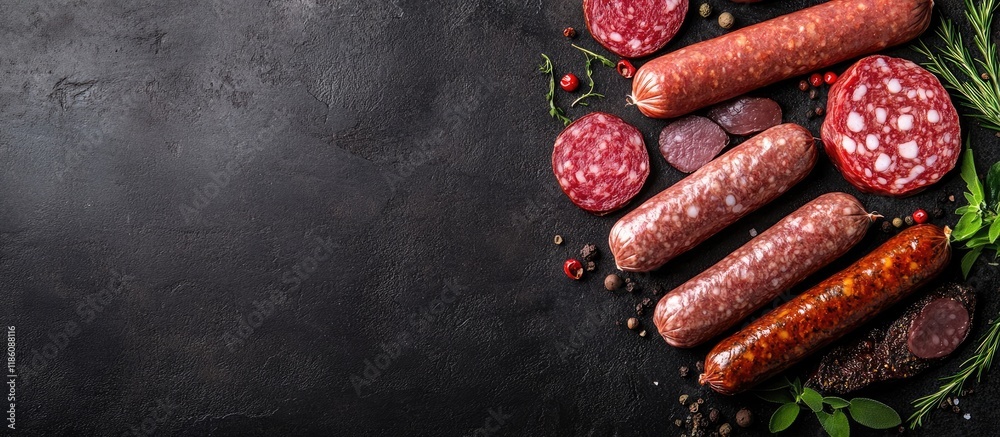 Aufkleber Assorted sausages on a dark background Meat product consisting of finely chopped and seasoned meat Flat lay top view copy space