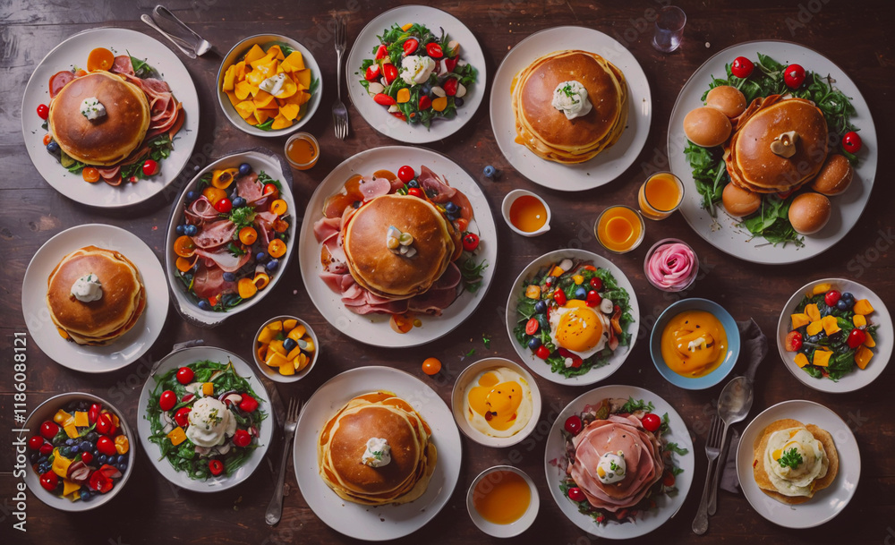 Poster table with many plates of food, including pancakes, eggs, and fruit. there are also several bowls an