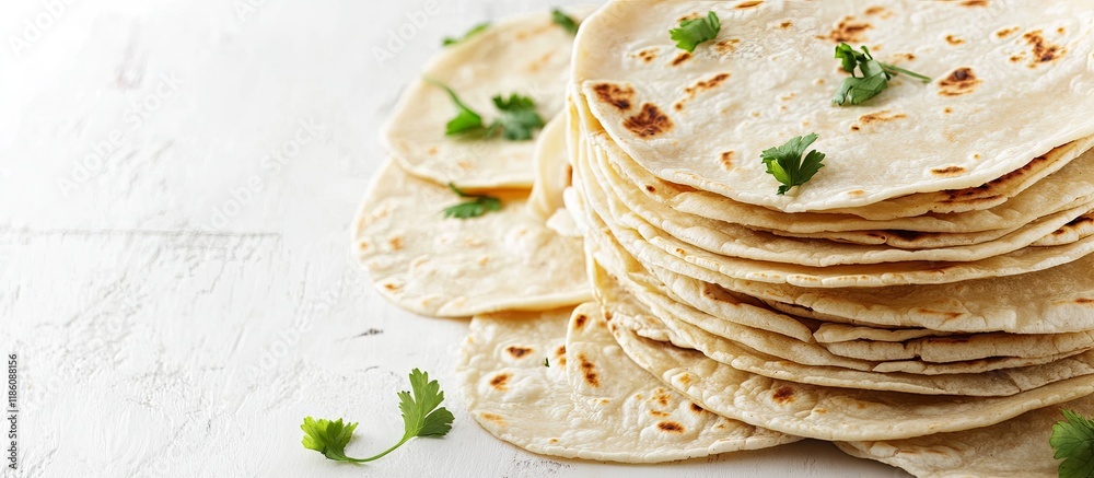 Poster A pile of delicious homemade tortillas on a white table with space for text. with copy space image. Place for adding text or design