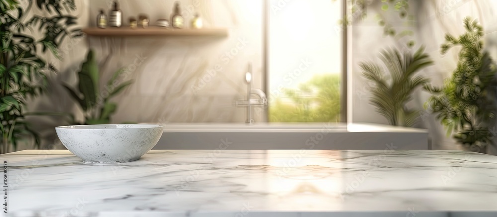 Poster Empty marble tabletop with a blurred bathroom interior backdrop for product display montage. with copy space image. Place for adding text or design