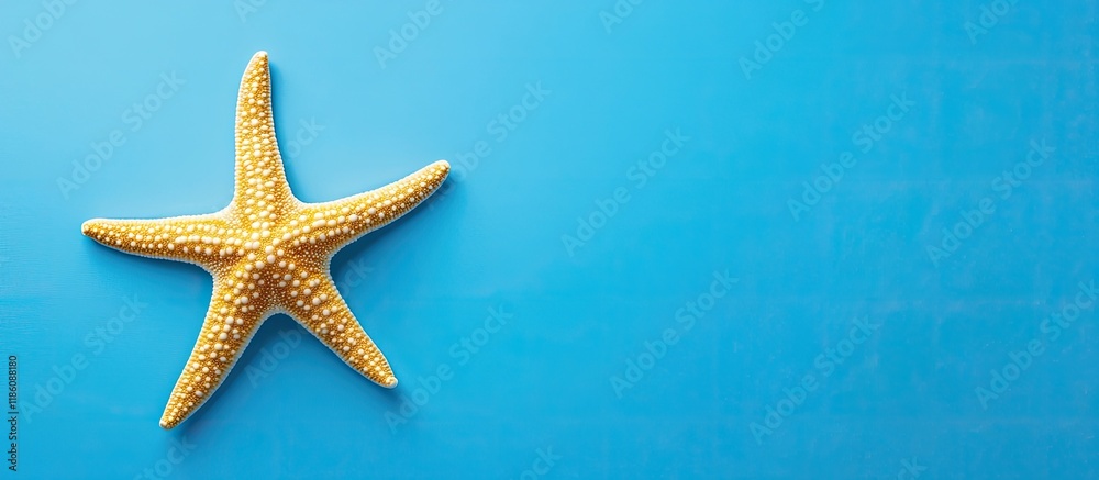 Poster Flat lay photo of a starfish on a blue table top view with copy space for showcasing your product summer theme