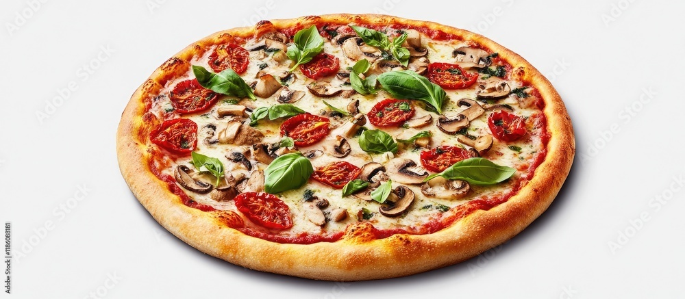 Leinwandbilder pizza topped with mushrooms sun dried tomatoes catupiry cheese and basil on a gray background. with 