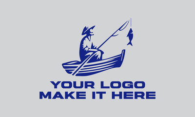 Blue fisherman actively rows boat, fishing with rod. Ideal for fishing,  illustration vector background outdoor, and adventurethemed designs. Great for fishing enthusiasts