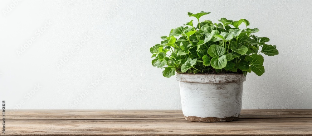 Aufkleber Sorrel plants in containers on a wooden table with a white backdrop. with copy space image. Place for adding text or design