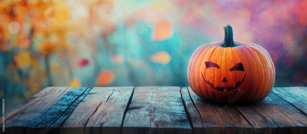 Aufkleber Halloween pumpkin on a wooden table with a colorful background. with copy space image. Place for adding text or design