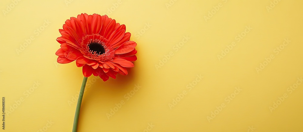Leinwandbilder half closed red blooming flower on a yellow background. with copy space image. place for adding text