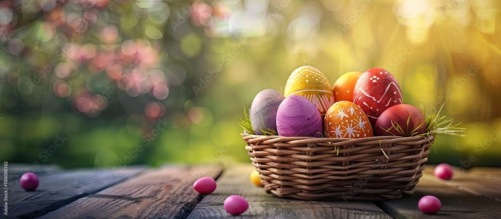 Fototapete basket containing painted colorful easter eggs on a wooden table. with copy space image. place for a