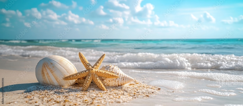 Fototapete white wooden board alongside other objects at the beach. with copy space image. place for adding tex