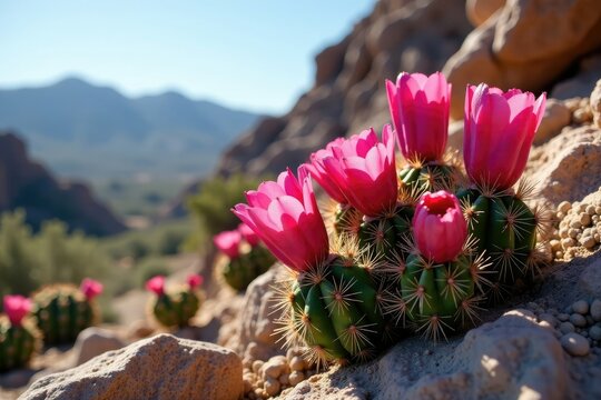 Pink flowers and stems of Lobivia cactus against a rocky landscape, terrain, cactus, lobivia