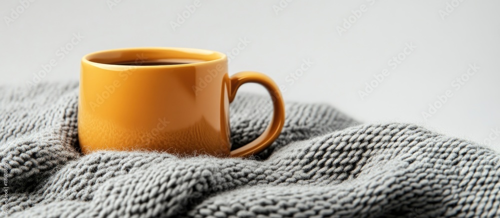 Poster coffee mug resting on a gray wool scarf against a white background with copy space
