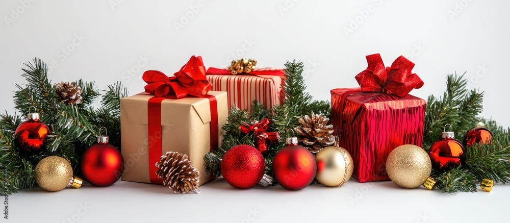 Poster christmas arrangement christmas presents and ornaments on a white background. with copy space image.