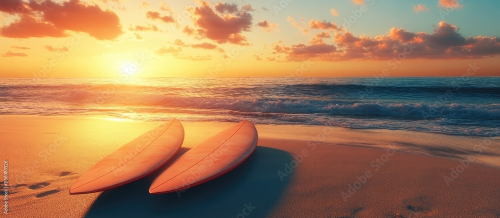 Poster summer backdrop two surfboards on the sandy beach at sunset or sunrise. with copy space image. place