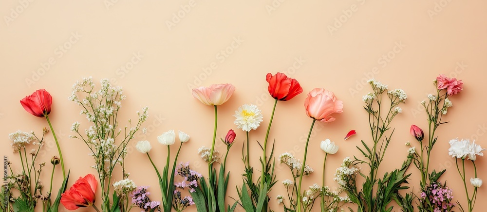 Fototapete flat lay arrangement featuring various lovely flowers on a beige backdrop with space for text. with 