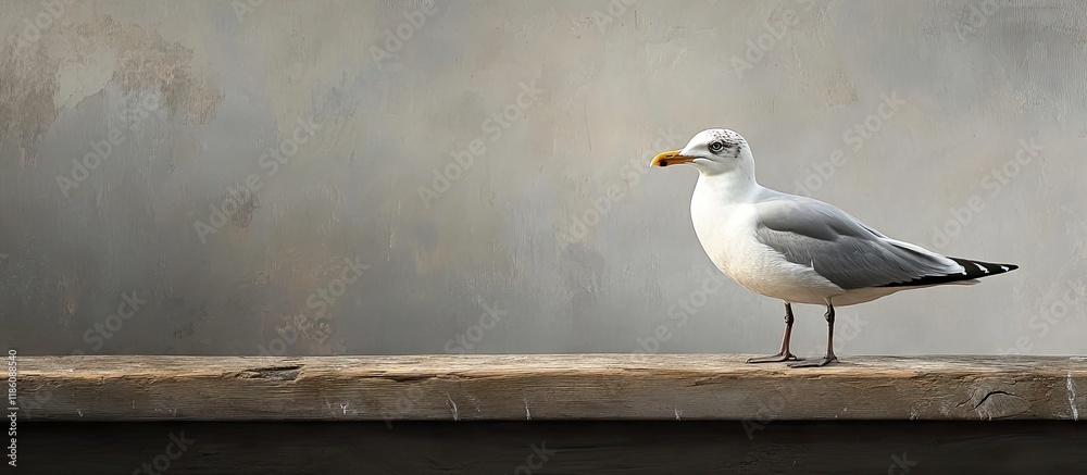 Poster adult larus michaellis gull resting on the wood. with copy space image. place for adding text or des