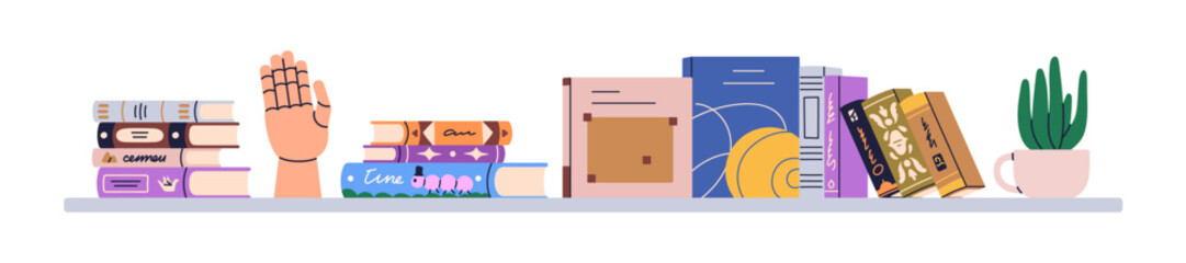 Book shelf. Bookshelf with science literature, encyclopedia. Horizontal row of plant, schoolbooks for education, knowledge, studying, reading. Flat vector illustration isolated on white background © Good Studio