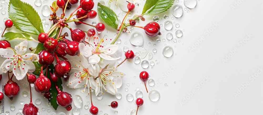 Aufkleber Honeysuckle berries with droplets and cherry blossoms on a light backdrop. with copy space image. Place for adding text or design