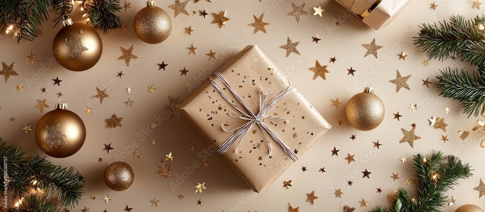 Aufkleber A package covered in brown paper is placed on paper featuring golden stars surrounded by Christmas decorations emphasizing the Christmas theme. with copy space image. Place for adding text or design